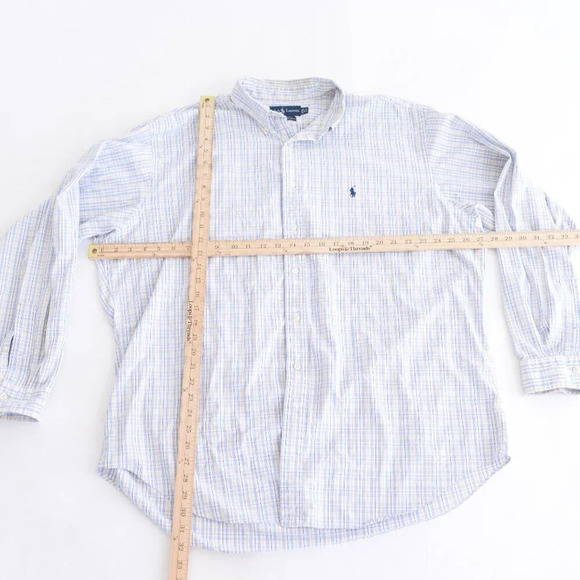 90S Ralph Lauren Yarmouth 100% Cotton Pinpoint Oxford Blue  & Yellow Plaid Shirt - Picture 3 of 12